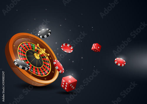 Casino roulette wheel with chips poker and red dice. Vector illustration