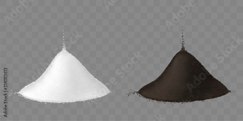 Salt and ground black pepper pile isolated on transparent background. Vector mockup of realistic two heaps of white loose seasoning