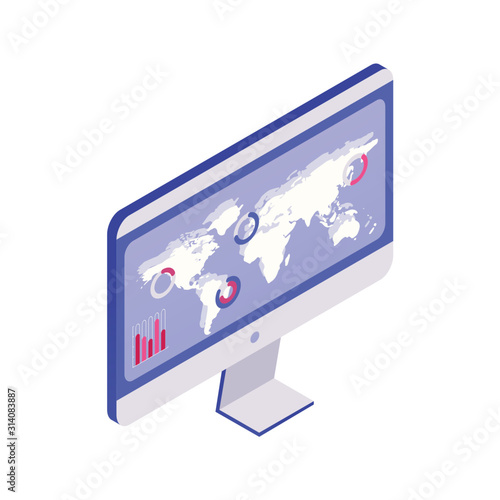 Computer with charts on display isometric illustration