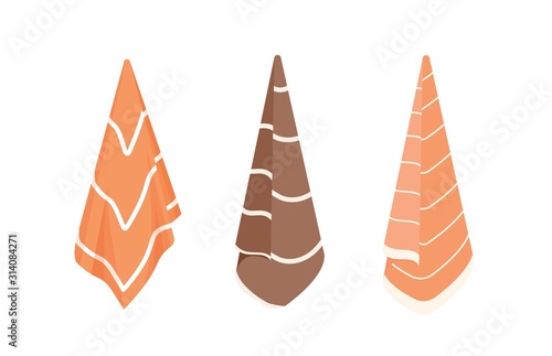 Bath towels flat vector illustrations set. Cartoon brown and orange color str...