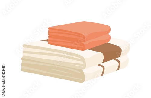 Bathroom towels pile flat vector illustration. Big and small folded towels stack isolated on white background. Fluffy bathroom linen pile. Luxury spa center accessories. Cotton face cloth.