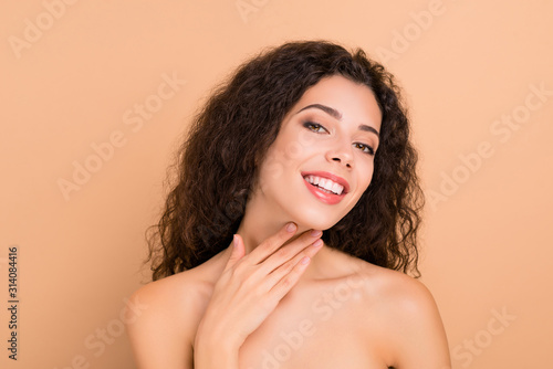 Close-up portrait of her she nice-looking attractive sensual sweet tender gentle wavy-haired girl bath shower gel refreshment bathroom wash cleansing isolated over beige background