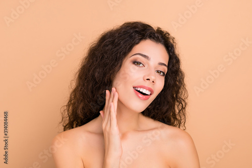 Close-up portrait of her she nice-looking attractive adorable sweet tender gentle wavy-haired girl bath shower gel refreshment bathroom purity treatment therapy isolated over beige background