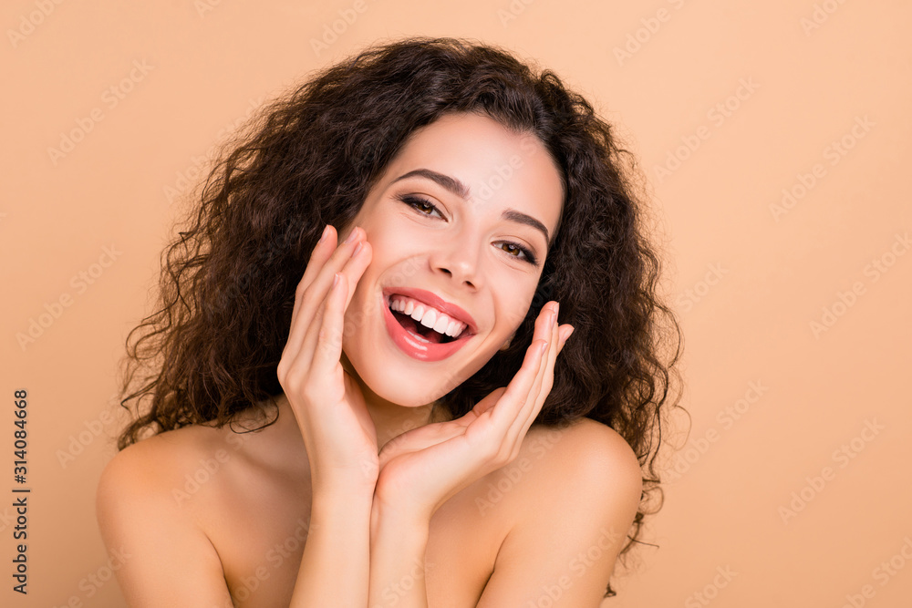 Close-up portrait of her she nice-looking attractive cheerful cheery positive wavy-haired girl showing perfect effective correction medicine clinic therapy treatment isolated on beige background Close-up portrait of her she nice-looking attractive cheerful cheery positive wavy-haired girl showing perfect effective correction medicine clinic therapy treatment isolated on beige background