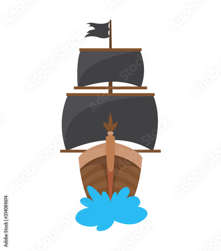 Wooden pirate buccaneer filibuster corsair sea dog ship icon game, isolated flat design. Color cartoon frigate. Vector illustration