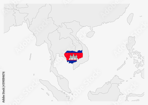 Cambodia map highlighted in Cambodia flag colors
