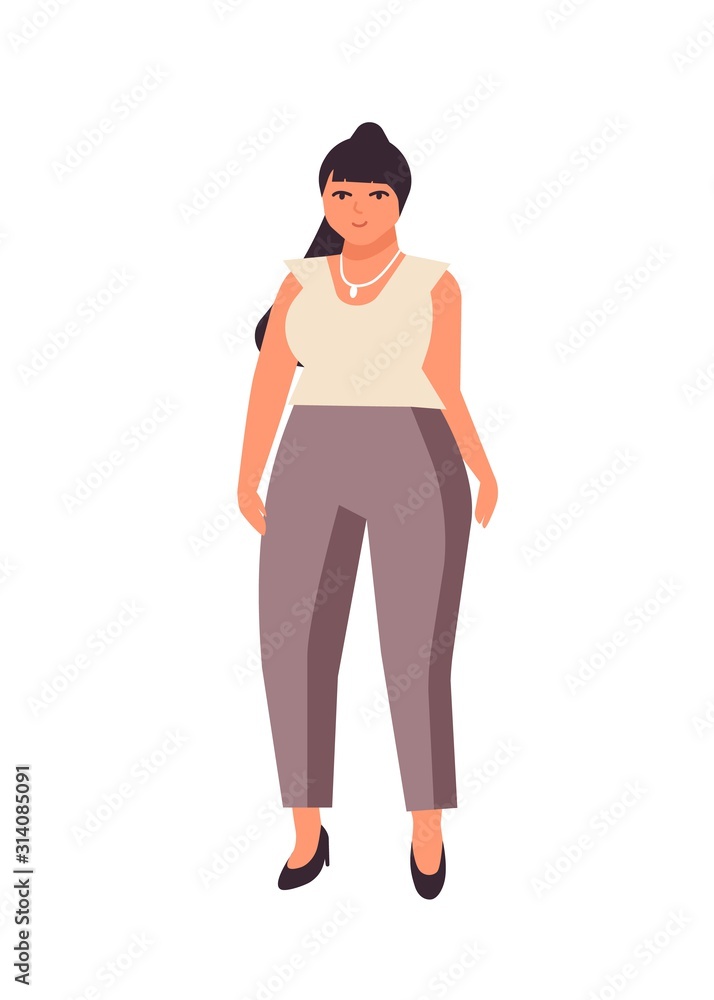 Curvy dark haired woman flat vector illustration. Plump caucasian girl cartoon character wearing white blouse and pants. Body positive, plus size female isolated on white background.