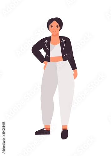 Plus size dark haired girl flat vector illustration. Curvy caucasian female c...