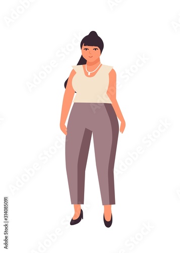 Curvy dark haired woman flat vector illustration. Plump caucasian girl cartoo...