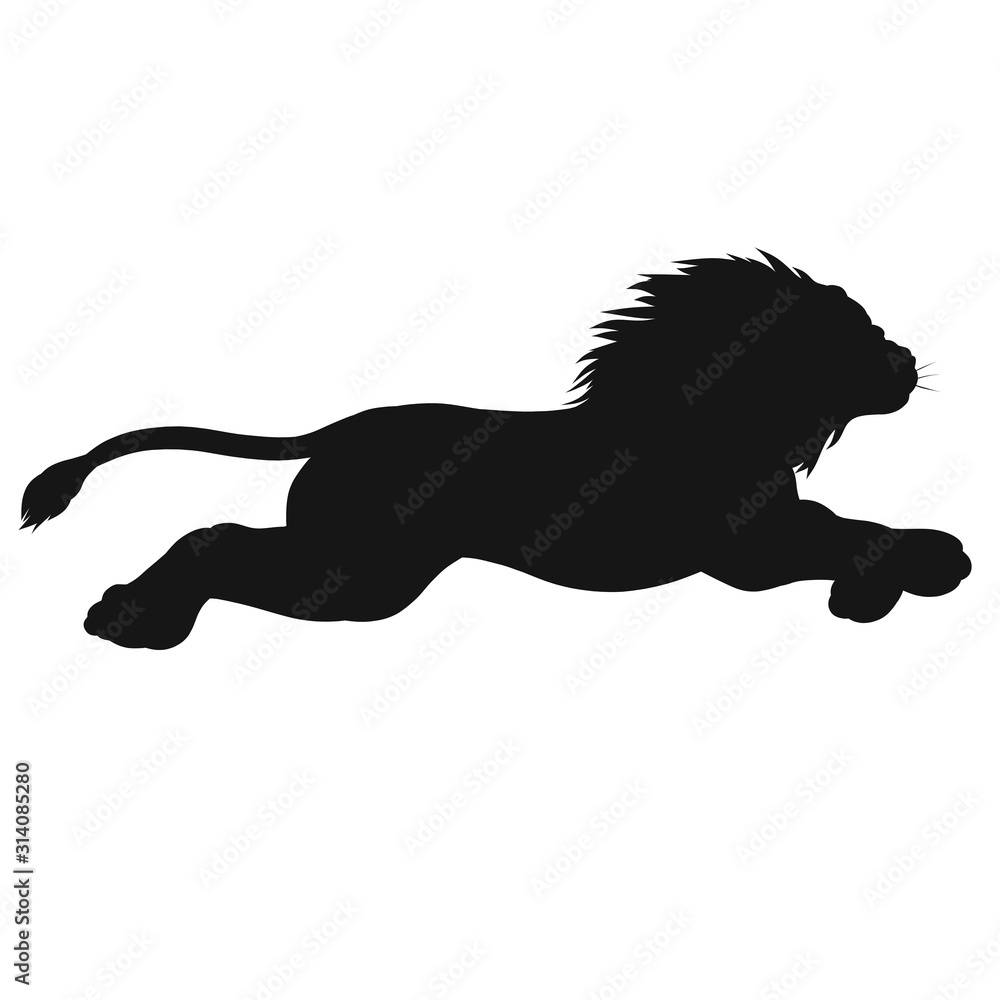 black silhouette of a running or jumping powerful lion