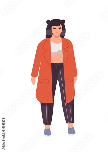 Young plus size girl flat vector illustration. Curvy caucasian woman cartoon ...