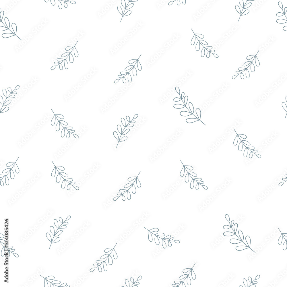 Floral minimal seamless pattern in blue colors for package design, web, fabric, wrapping paper, gifts. leaves wallpaper for background in trendy cute hand drawn style