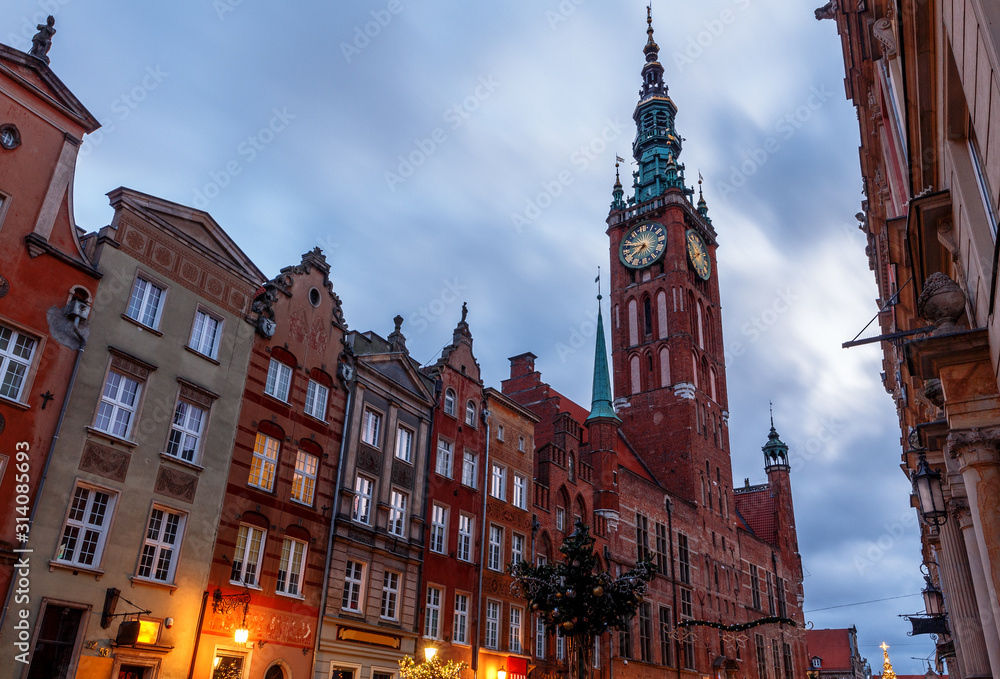 Gdansk New Year Square with Christmas tree and town hall at sunrise
