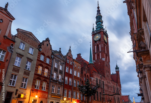 Gdansk New Year Square with Christmas tree and town hall at sunrise
