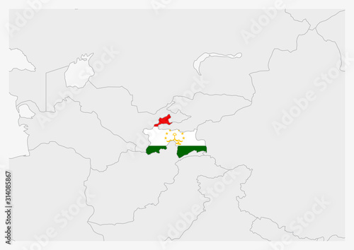 Tajikistan map highlighted in Tajikistan flag colors