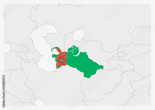Turkmenistan map highlighted in Turkmenistan flag colors