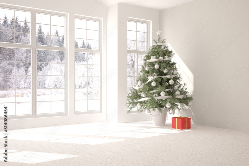 Empty christmas interior of living room. Scandinavian design. 3D illustration - obrazy, fototapety, plakaty 
