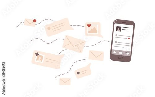 Online communication flat vector illustration. Correspondence, social network activity. E mail, message, notification, popularity on internet. Smartphone and letters isolated on white background.