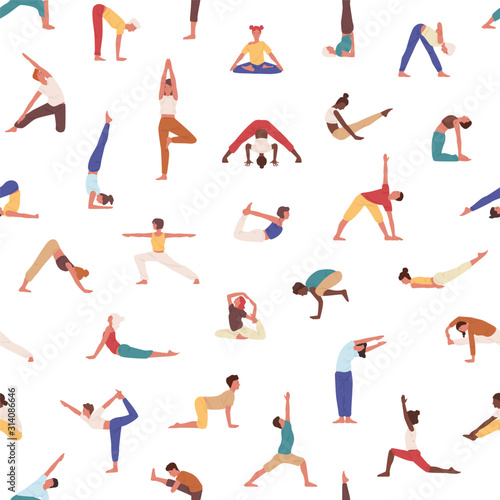 People practicing yoga vector seamless pattern
