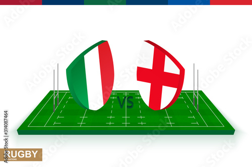 Rugby team Italy vs England on green rugby field.