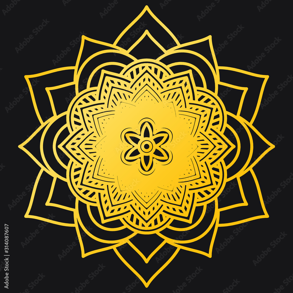Abstract Petals Leaf Mandala Gold Line On Black Background. Vector Illustration Abstract Petals Leaf Mandala Gold Line On Black Background. Vector Illustration