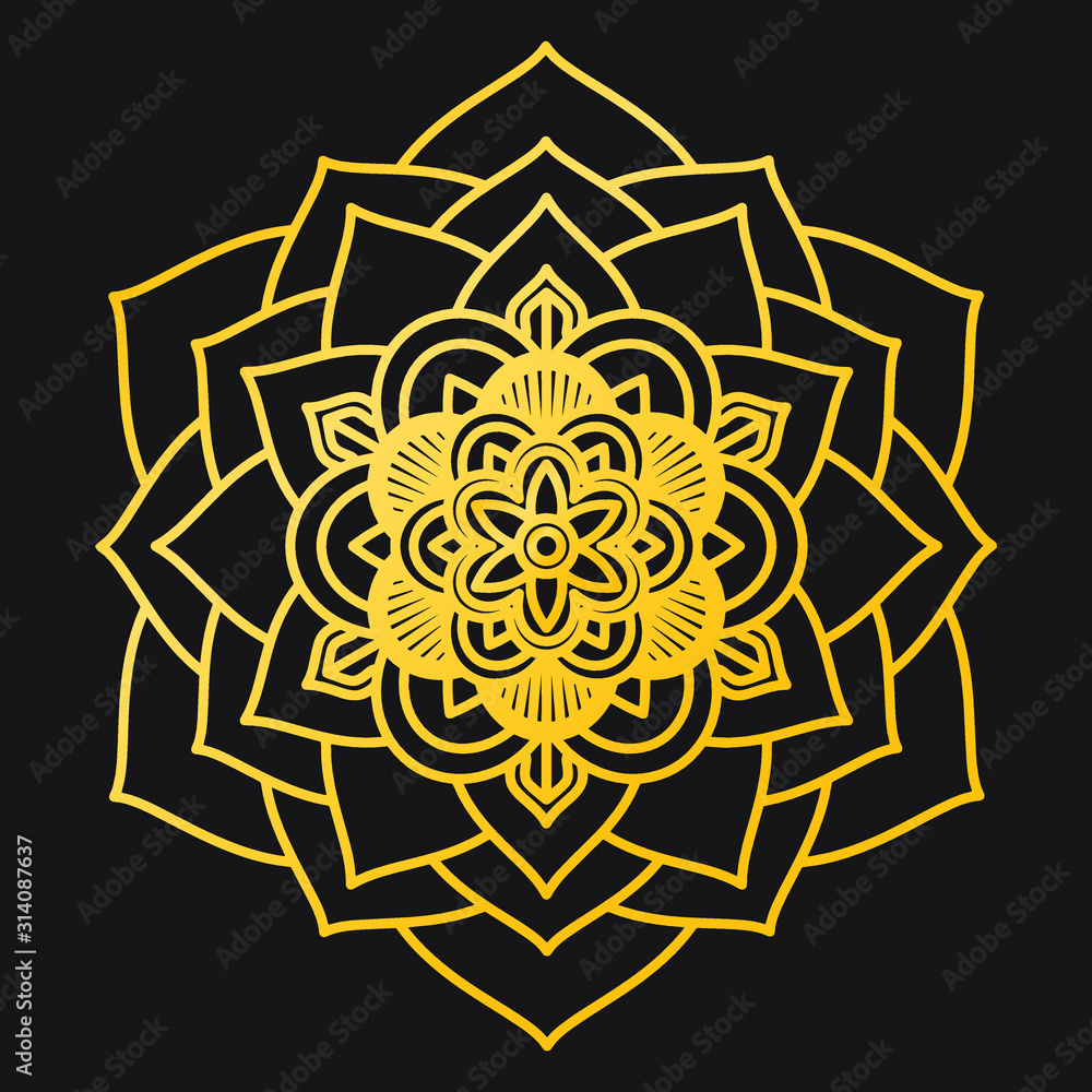 Abstract Petals Leaf Mandala Gold Line On Black Background. Vector Illustration Abstract Petals Leaf Mandala Gold Line On Black Background. Vector Illustration