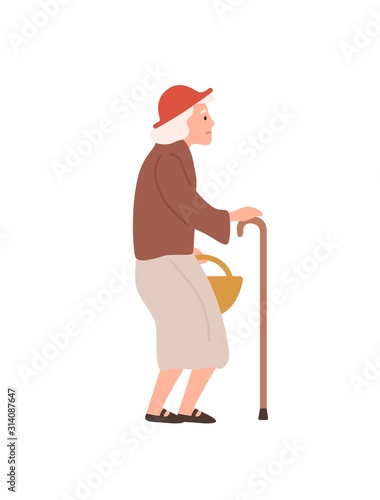 Old lady flat vector illustration. Elderly woman with walking stick. Age, oldness, senility, health problems. Senior female, grandmother cartoon character isolated on white background.