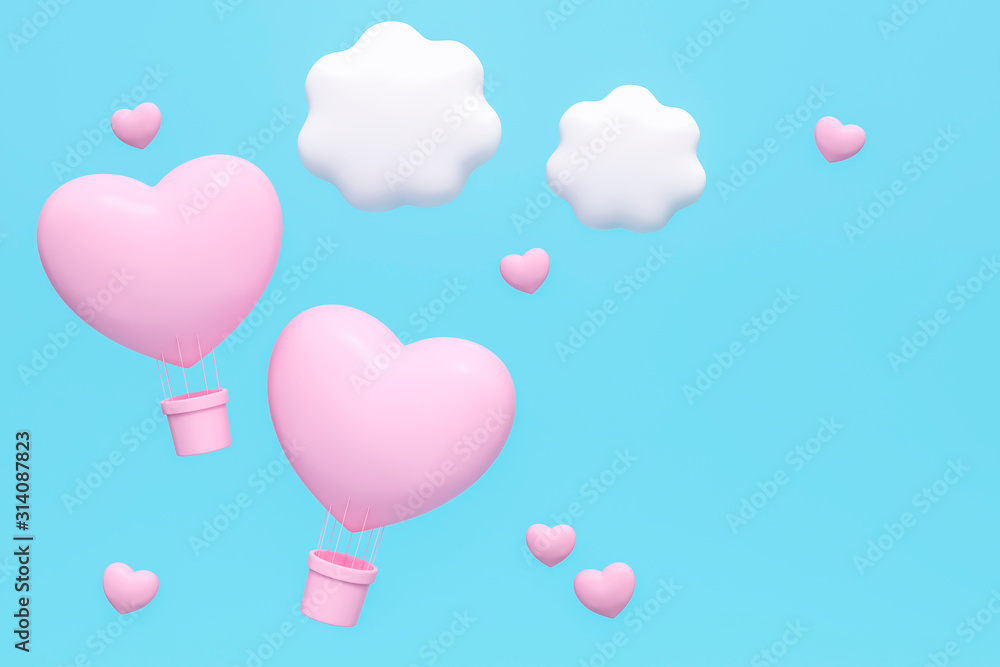 Heart shaped balloons and cute cloud withpink heart floating in the blue sky 3d rendering. 3d illustration freedom and relax love and Valentines Day greeting card template minimal concept.