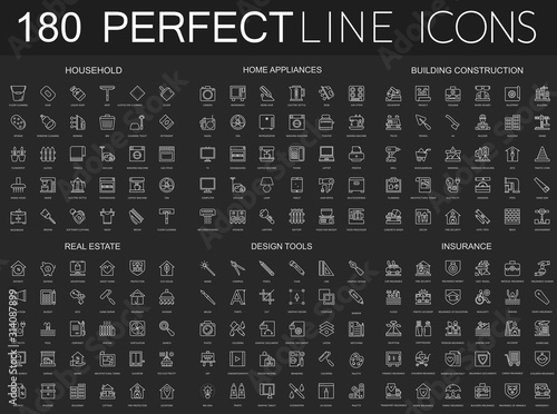 180 modern thin line icons set on dark black background. Household, home appliances, building construction, real estate, design tools, insurance isolated