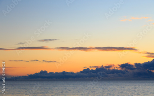 Bright cumulus clouds against the blue sky. Sunset sky Natural background. seascape