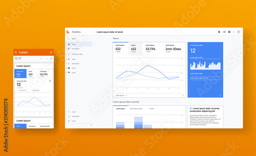 Responsive page of Google analytics profile. Infographic app and website mock up. Work flow and chart template. Ads analisis. Editorial statistics. Vector illustration.