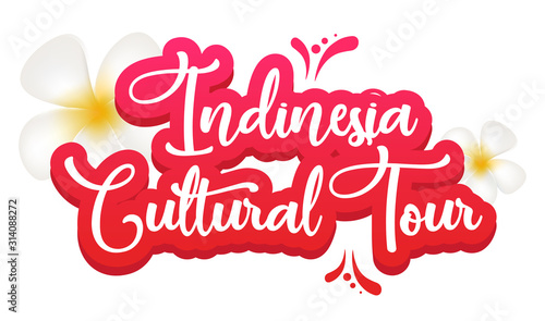 Indonesia cultural tour flat poster vector template. Exotic country. Asian traditions. Banner, brochure page, leaflet design layout. Sticker with calligraphic lettering and plumeria
