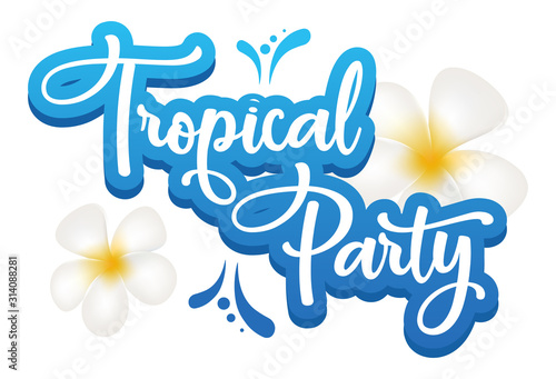 Tropical party flat poster vector template. Asian cultural festival. Banner, brochure page, leaflet design layout with text. Sticker with calligraphic lettering and plumeria