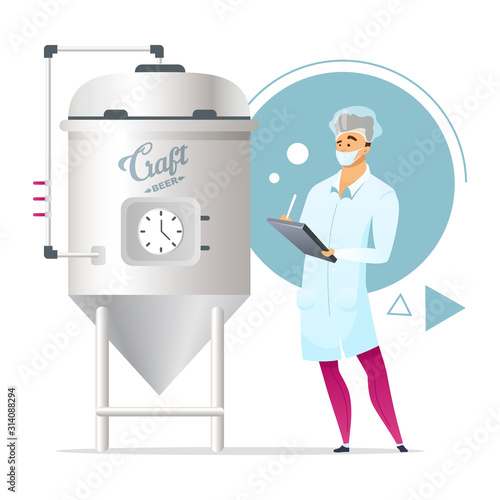 Craft beer brewing stage flat color vector illustration. Factory supervisor. Male character next to fermentation tank. Microbrewery. Small brewery. Factory. Isolated cartoon character on white