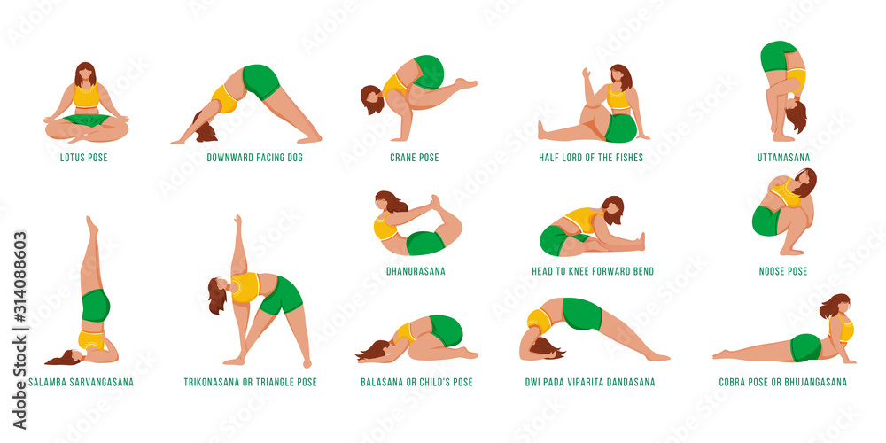 Yoga poses flat vector illustrations set. Caucausian women doing yoga asanas in yellow and green sportswear. Female figures doing physical exercises. Workout, fitness. Isolated cartoon character