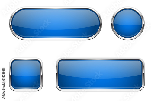 Web buttons. Blue shiny icons with chrome frame
