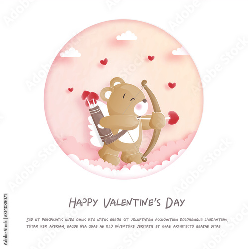 Valentines card with cute teddy bear in paper cut style vector illustration.