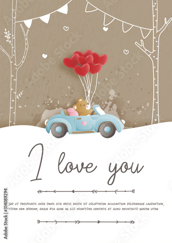 Valentines card with cute teddy bear in paper cut style vector illustration.