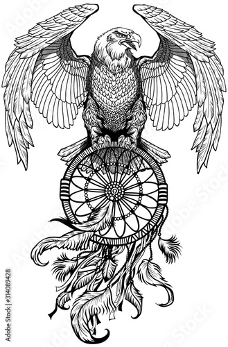 eagle with dreamcatcher. American native indians dreamcatcher. Black and white tattoo style vector illustration