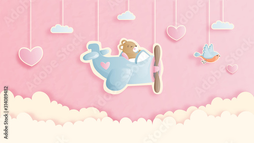 Valentines card with cute teddy bear in paper cut style vector illustration.