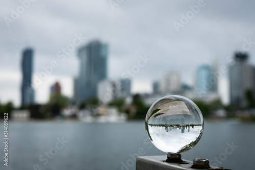Photography Skyline of the high buildings in 22nd district of Vienna, Austria through glass