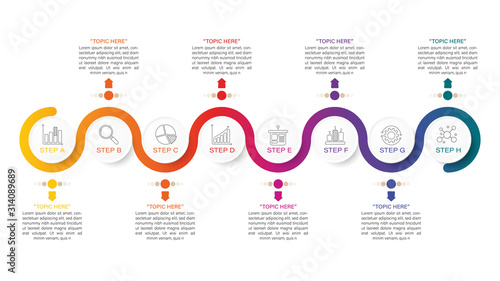 Modern Infographic design concepts timeline can be used for workflow layout, diagram, number options, web design. Infographic business concept with 8 option, parts, steps or processes. 