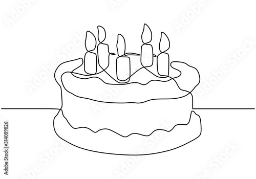Continuous one line drawing of birthday cake with light candles