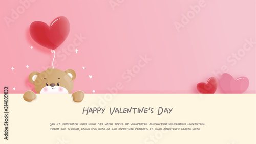 Valentines card with cute teddy bear in paper cut style vector illustration.