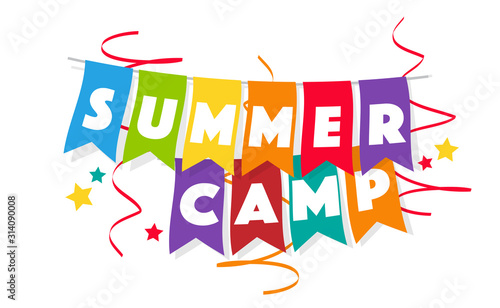 Summer camp on colorful pennant garlands