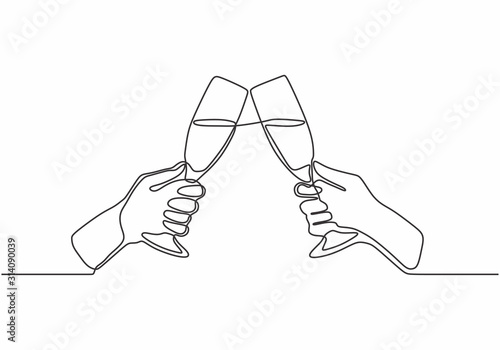 Continuous one line drawing. Hands cheering with glasses of champagne. Single hand drawn sketch lineart. Minimalism vector illustration party and celebration theme.