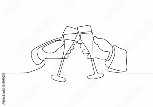 Continuous one line drawing. Hands cheering with glasses of champagne. Single hand drawn sketch lineart. Minimalism vector illustration party and celebration theme.