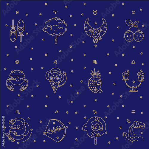 Kids Seamless Pattern. Zodiac signs, stars, constellations golden color on a blue background. Logo, tattoo or illustration. Astrological forecast, horoscope