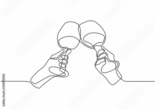 Continuous one line drawing. Hands cheering with glasses of champagne. Single hand drawn sketch lineart. Minimalism vector illustration party and celebration theme.