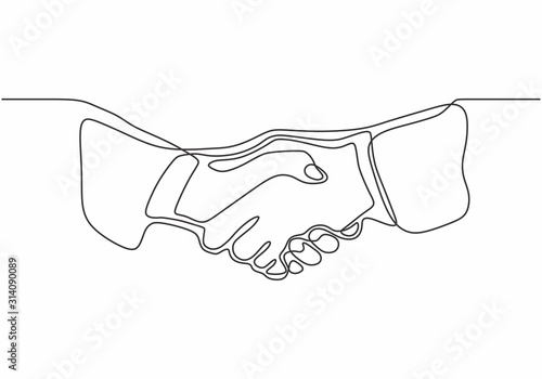 Continuous one line drawing of hand shake minimalism vector illustration isolated on white background.